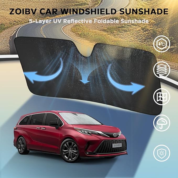 Windshield Sun Shade for 2021-2024 Toyota Sienna L LE SE XLE Limited Van Minivan - 5-Layer Bubble Foldable Front Window Shade Sun Visor Accessories - Blocks Heat & UV Rays