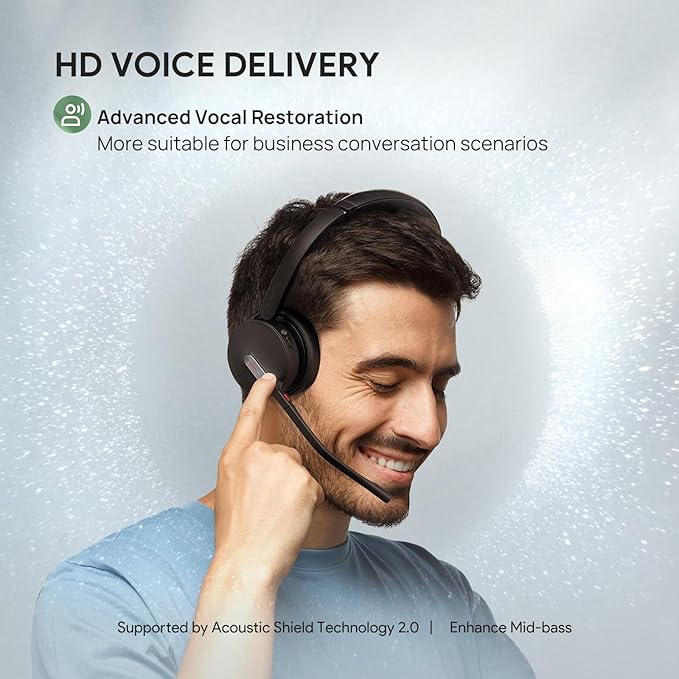 Yealink BH70 with Stand Wireless Bluetooth Headset with Microphone for Work, up to 35h Talking Battery Life, 3 Noise Cancellation Mics, Teams Certified, ≤90min Fast Charging, NO Power Adapter Needed