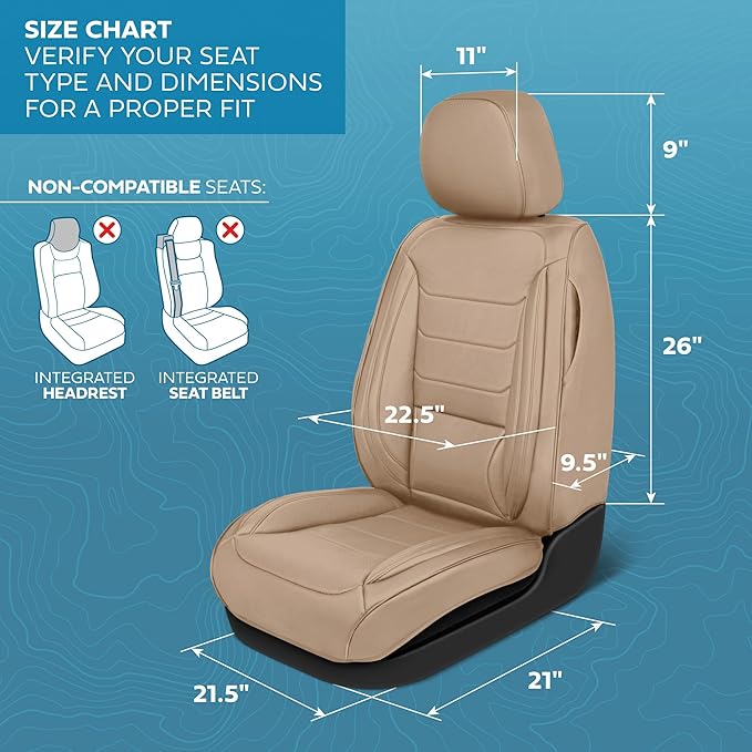 Elite Edition Faux Leather Seat Covers for Cars, Trucks, & SUV - 2 Beige Car Seat Covers for Front Seats - Universal Fit Car Accessories Automotive Interior Cover Protector for Most Vehicles