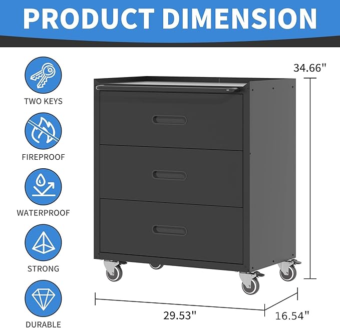 Metal Storage Cabinet with Wheels, Garage Storage Cabinet with 3 Drawers, Rolling Tool Storage Cabinet, Assembly Required, Black