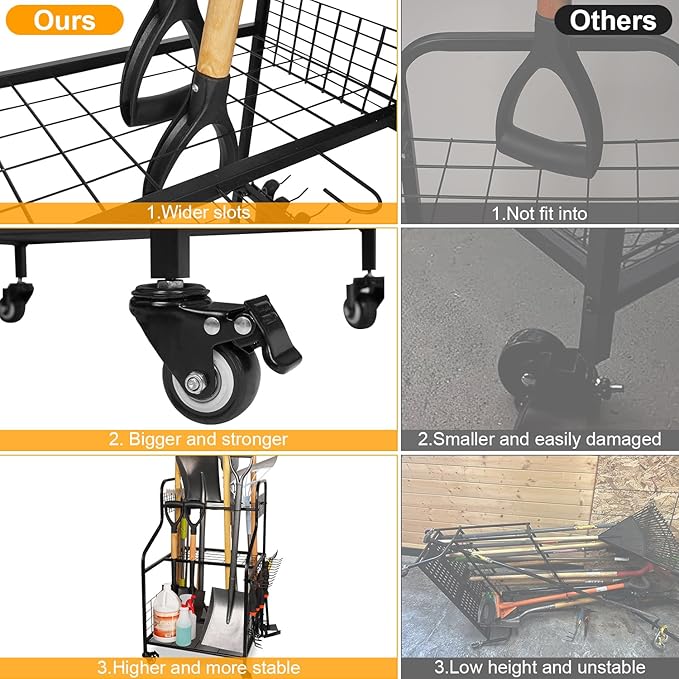 FZK Garden Tool Organizer,Heavy Duty Steel Yard Tool Organizer for Garage,Up to 49 Long-Handled Tools, Garden Tool Storage with Wheels,Garden Tool Organizer for Garage,Black