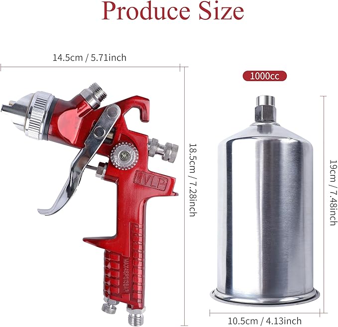 HVLP Spray Paint Gun, Automotive Gravity Feed Paint Gun Kit with 5 Nozzles,1.4mm 1.7mm 2.0mm 2.5mm and 3.0mm, 1000cc Aluminum Cup, Suitable for Auto Paint, Painting Cars