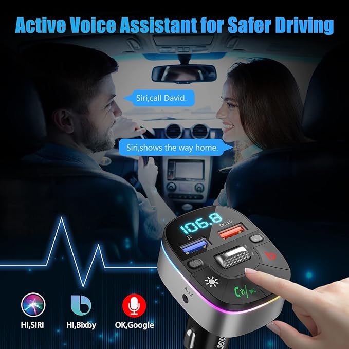 LENCENT Bluetooth Car Adapter, 5.0 Car FM Transmitter with QC3.0 Charger, AUX Bluetooth Radio Music, Wireless Dual Mics, Bass Sound, Cigarette Lighter, & HandsFree, Supports Siri & Google Assistant