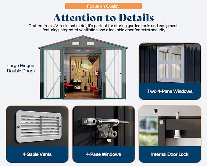 AMERLIFE 10.1x11.5x7.4 FT Galvanized Steel Storage Shed with Dual Transparent Panels, 2 4-Pane Windows & Hinged Double Doors, Outdoor Shed for Backyard, Patio, Garden, Dark Grey