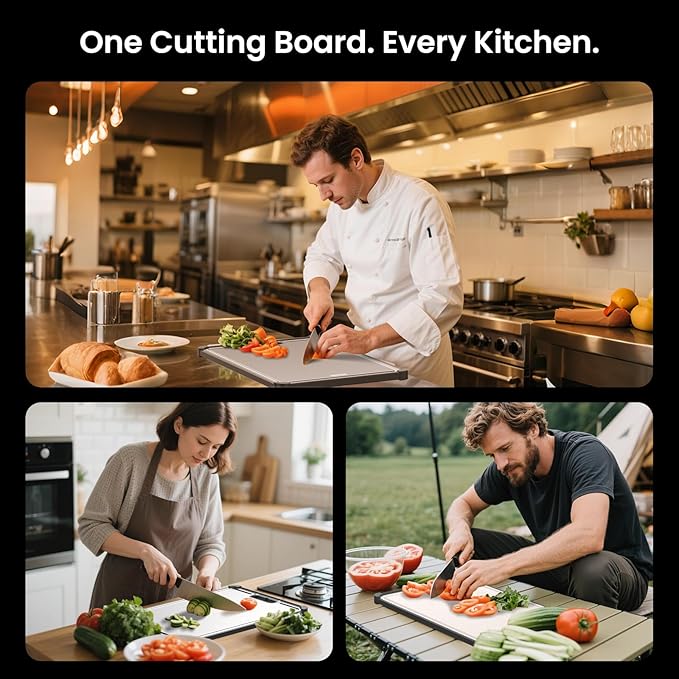 Premium 316 Stainless Steel Cutting Board for Kitchen– Double Sided,Non-Toxic& BPA-Free Chopping Board with Food-Grade Steel &Eco-Friendly Wheat Straw PP,for Meat&Vegetables Healthy Organic Board
