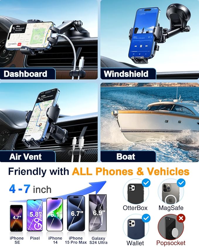 [True Military-Grade & 360 Degrees Rotatable Suction] 2025 YRU Ultimate Car Phone Holder Mount 【90+LBS Safest Strongest & Patent Certs】Dashboard Windshield Vent for iPhone 16 15 Pro Max Samsung, Black