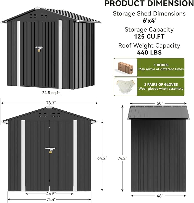 COMHOMA Shed Outdoor Storage Shed Metal,Lockable Doors Tool Sheds with Sloping Roof,Steel Garden Shed with Air Vent for Backyard,Patio,Lawn,Poolside (Grey, 6'*4')
