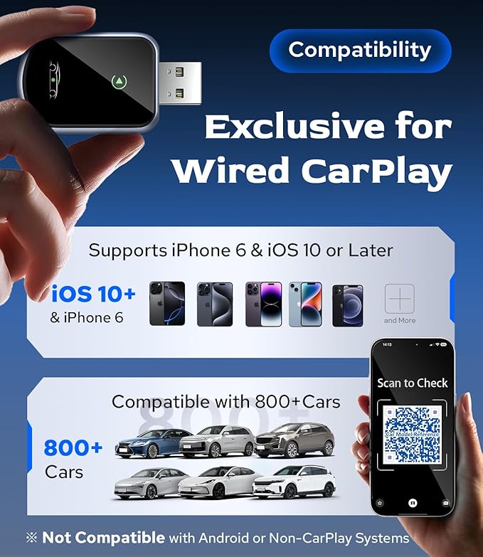 Wireless CarPlay Adapter for Car's with Built-in Wired CarPlay, CarPlay Wireless Dongl Plug and Play Seamless Fast Response Stable Connection