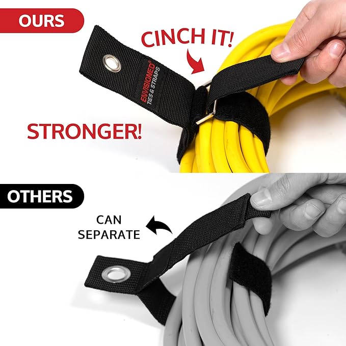 Heavy Duty Hanging Storage Cinch Straps with Metal Buckle (4 Pack, 1.5" x 12") - Electrical Extension Cord & Garden Hose Holder, Cable Management, Storage Organizer in Garage, Workshop - ENVISIONED