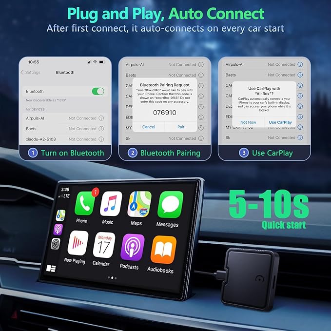 Wireless Carplay Adapter with Netflix YouTube TF Card Plug & Play, Wireless AI Box Car Play Adapter & Android Auto Dongle Easy to Setup, Fits for OEM Wired CarPlay Cars