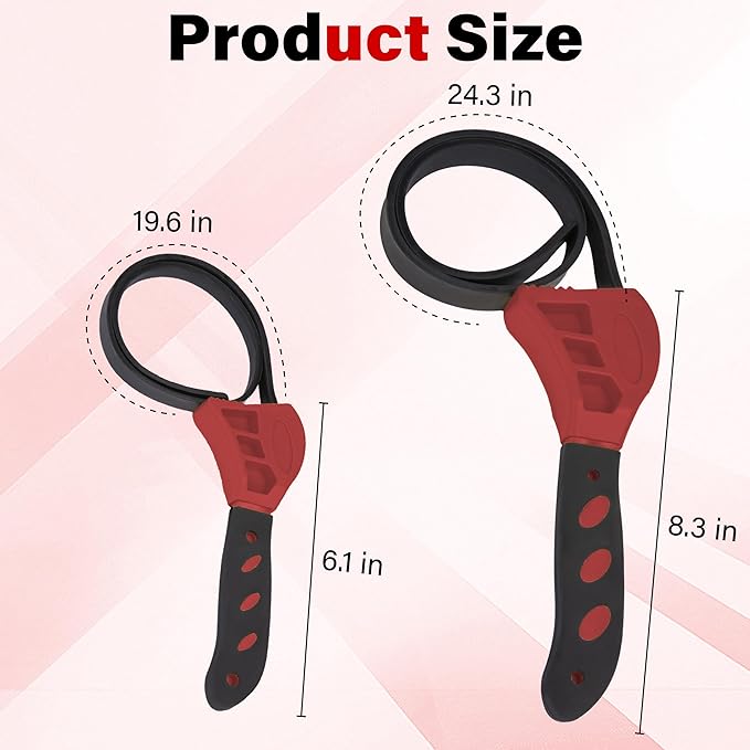 2 PCS Strap Wrench Plumbing, Rubber Strap Wrench, 24 Inch & 19.7 Inch Oil Filters Strap Wrenches, Water Filter Wrenches, Adjustable Rubber Jar Opener for Water Filters, Plumbing,Sink, Faucet (Red)