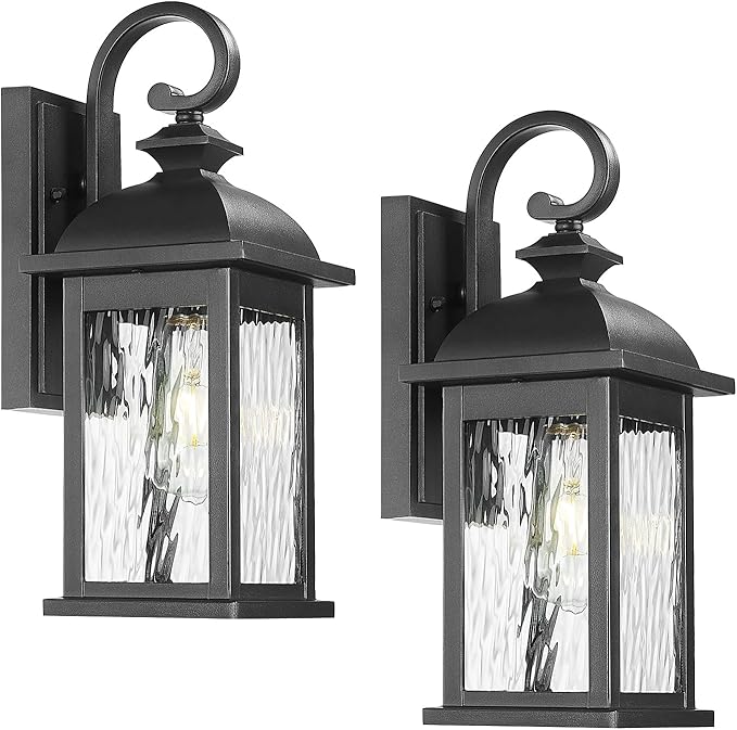 FEMILA 2 Packs Outdoor Waterproof Wall Lights Fixture, 15" Wall Lantern for Porch, Anti-Rust Matte Black Finish with Water Ripple Glass,4FD54B-2PK BK-WP