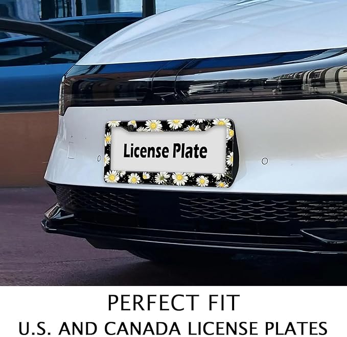 Daisy Flowers Car License Plate Frame, Flowers Print Tags Frames Holder Covers, Metal Aluminum Rustproof Car Accessories US Canada Standard with Screws for Women Men 6x12 Inch 2 Holes