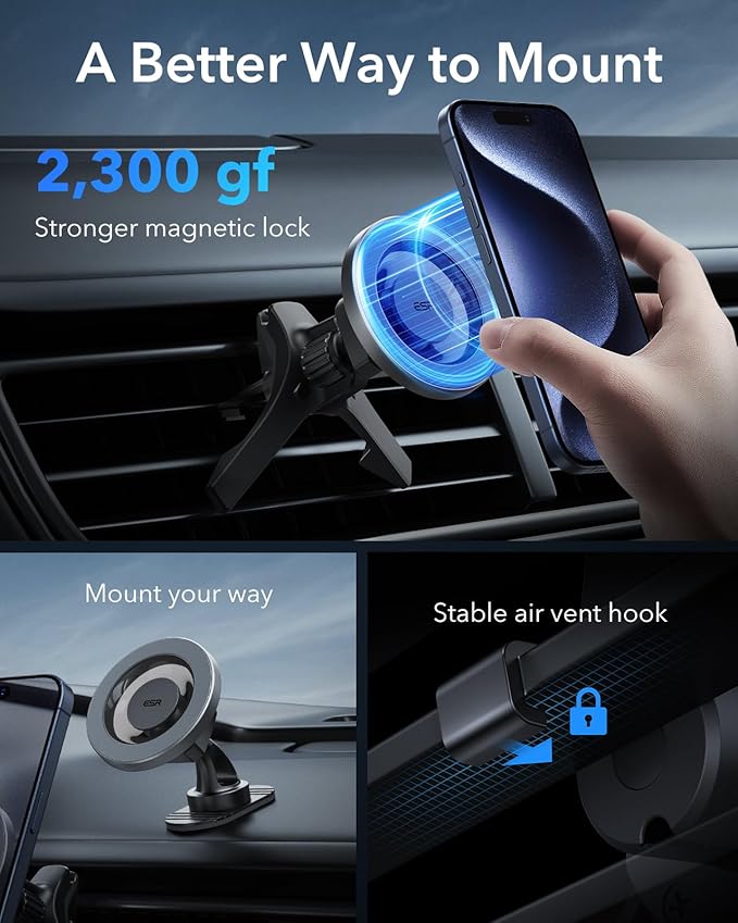 ESR for MagSafe Car Mount, Air Vent/Dashboard Magnetic Phone Holder for Car,Car Phone Holder Mount for iPhone 16/16e/15/14/13/12/Samsung, All Smartphones(2 Metal Rings included),Charging Not Supported