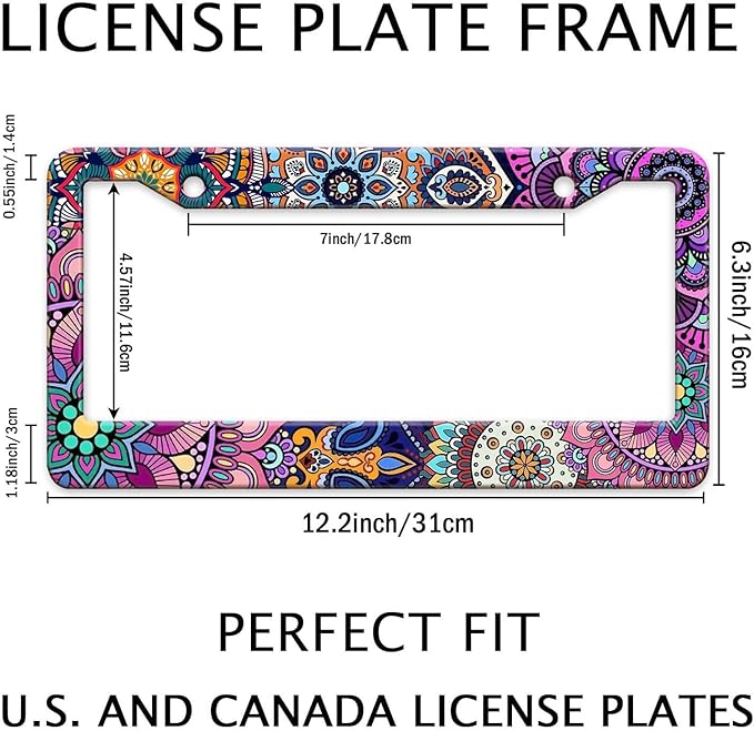 Mandala License Plate Frame, Boho Floral License Plate Holder, Flower Car Tag Holder Metal Aluminum Rustproof Car Accessories for Women Men 2 Holes with Screw Caps