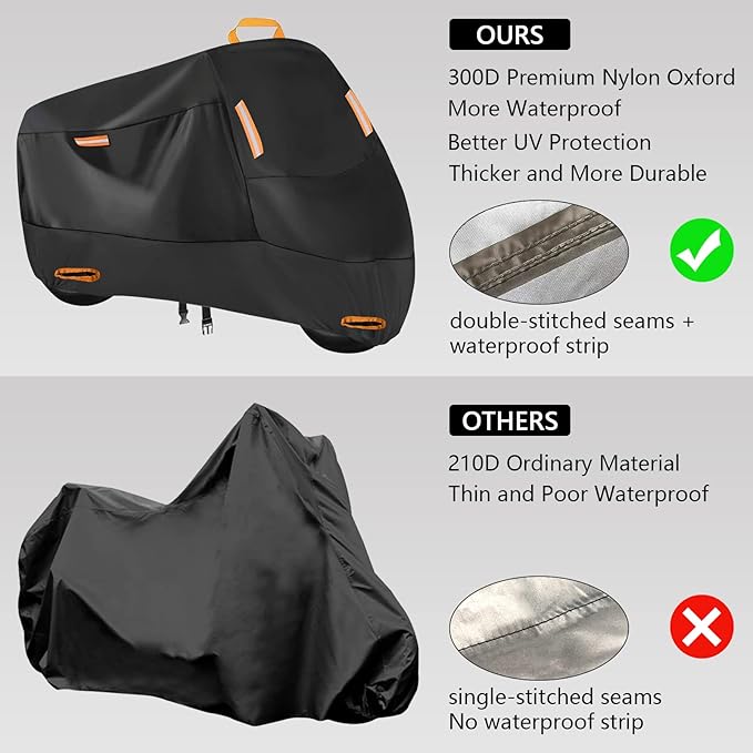 300D Heavy Duty Motorcycle Cover, SECELES All Season Durable Waterproof Outdoor Protection Scooter Cover 4 Reflective Tape Lock-Holes fits up to 86" Yamaha Honda Harley Suzuki (XXL: 86" x 37" x 50")