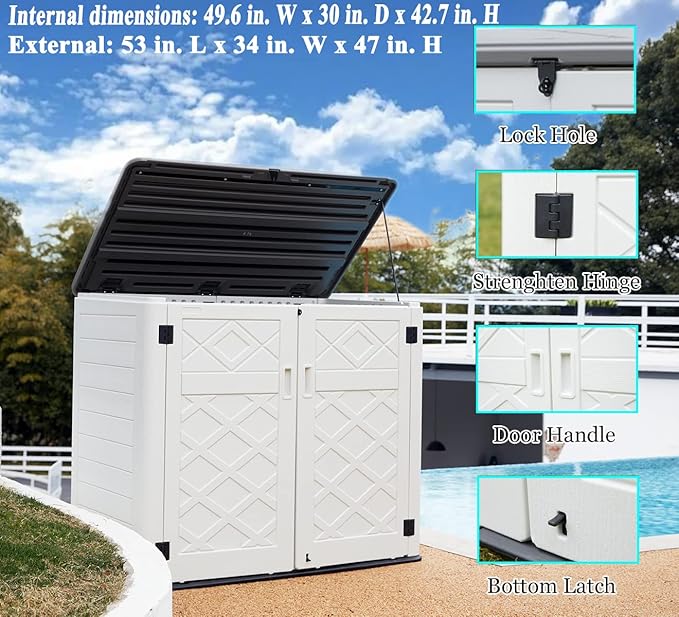 ADDOK 2SG Larger Horizontal Storage Shed Wood-Like, 4.4 x 2.8 ft Outdoor Storage Cabinet Lockable, Thick Resin Storage Unit for Trash Cans, Yard Tools（38 Cu.ft