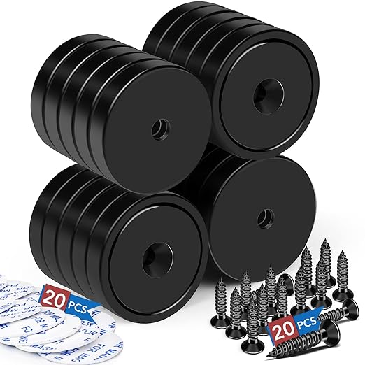 LOVIMAG Magnets,110lb+ Waterproof Super Strong Neodymium Magnet with Hole for Wall Mounting,Strong Rare Earth Cup Magnets with Heavy Duty Countersunk Hole and Screws for Tool Room- Black Pack of 20