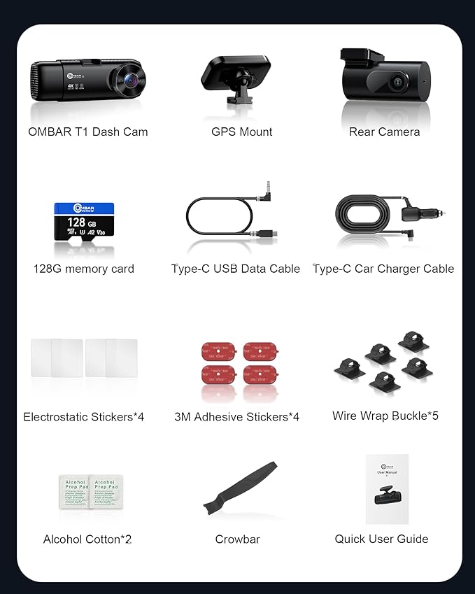 OMBAR T1 4K 3 Channel Dash Cam, STARVIS 2 IMX678 Sensors, Free 128GB Card, 2025 New Full Color HDR Night Vision, 4K+1080P+1080P Triple Car Camera,5G WiFi, 24H Parking Mode, Support 512GB Max
