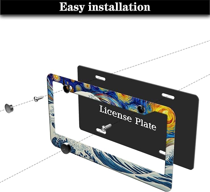 Car Plate Frames for Women Multicolor License Plate Protector for Men Starry Night Big Wave Aluminum Metal Car Accessory 2 Pack with Screw Covers Set