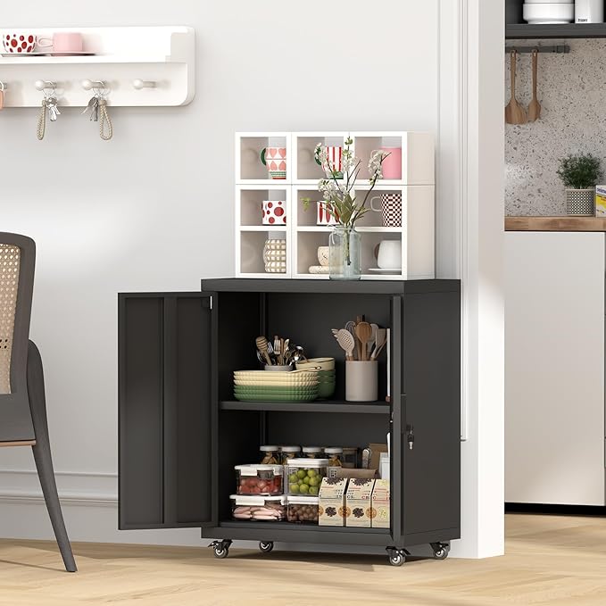 GREATMEET Garage Cabinets with Wheels, Black Garage Storage Cabinets with Doors and Adjustable Shelves，Rolling Lockable Metal Garage Storage Cabinets for Home Office Utility Room