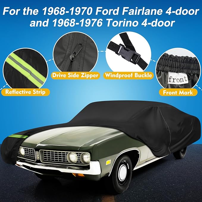 QUNSUNUS Waterproof Car Cover for Ford Torino 1968-1976 and Fairlane 1968-1970 4-Door, Outdoor Car Covers with Zipper and Straps for Wind, Sun, UV and Dust Protection