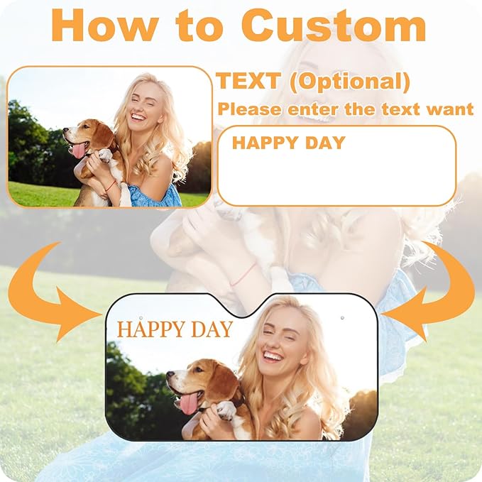 Custom Windshield Sun Shade for Car Personalized Window Sunshades Add Your Photo Logo Text Image Customize Car Sun Visor Foldable UV Ray Sun Protector for Sedans SUV Trucks (M)