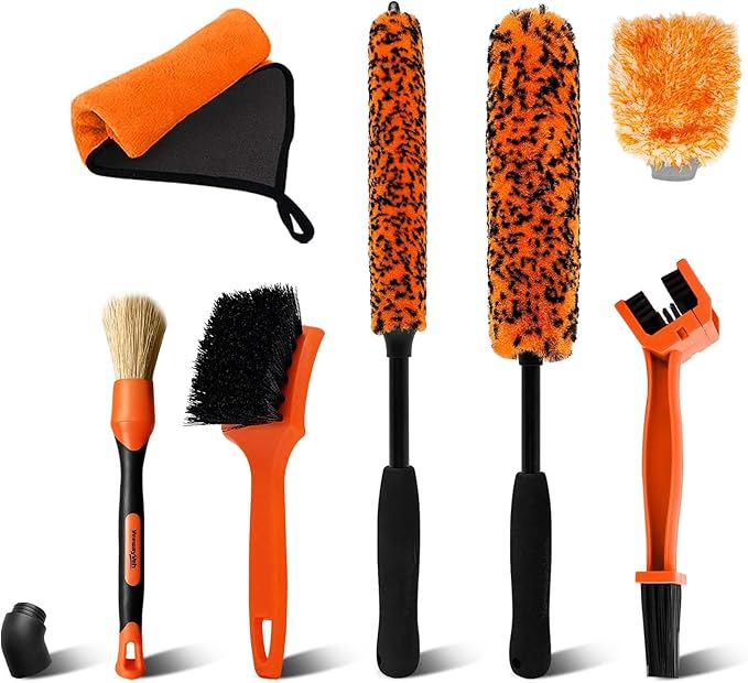 7PCS Motorcycle Cleaning Kit, 2-Size Bendable Wheel Brush, Tire and Chain Brush, Detailing Brush, Microfiber Towel and Car Wash Mitt for Car Wheels Motorcycle Dirt Bike Detailing Wash Kit