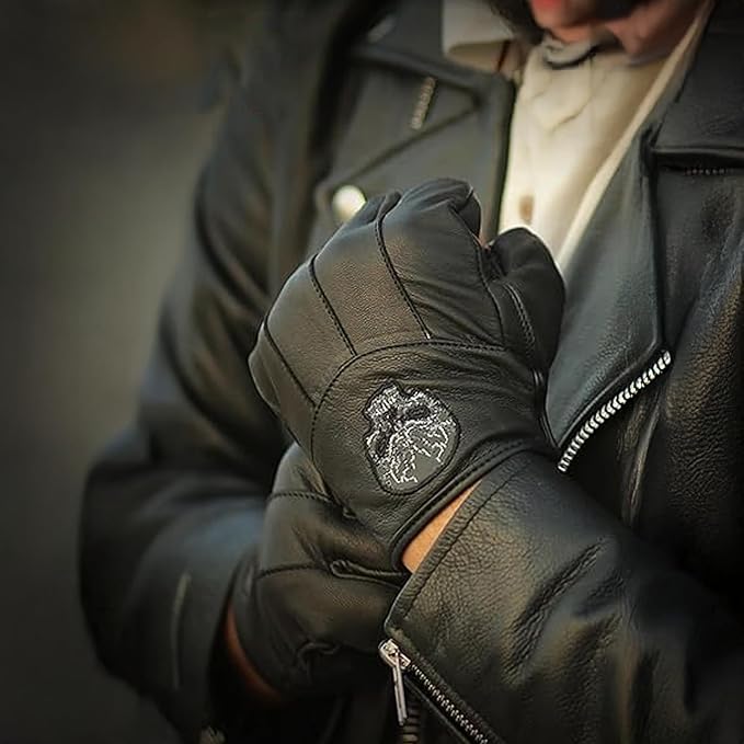 Daniel Smart Men's Motorcycle Leather Gloves with Reflective Skull Short Glove & Touch Screen Fingertips