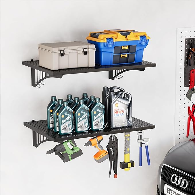 YOLENY 2-Pack 2x3FT Adjustable Heavy Duty Garage Wall Shelving, 500lbs Load Capacity Wall Mount Storage Shelf, Garage Storage Rack with Hooks, Metal Floating Shelves Organizer for Workshop