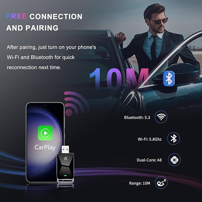 Wireless CarPlay Adapter for Apple CarPlay，Convert Wired to Wireless iPhone CarPlay Adapter，Plug and Play, No Latency, Mini Wireless CarPlay Dongle for Cars from 2016 and iOS 10+ （Black）