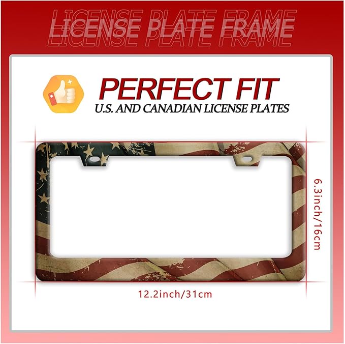 Vintage American Flag License Plate Frame Usa Flag License Plate Frames Funny Stainless Steel Accessories Cars Decor With 2 Holes Screws Fits Standard Us Ca Vehicles License Plate Holder 12.2 X 6 Inch