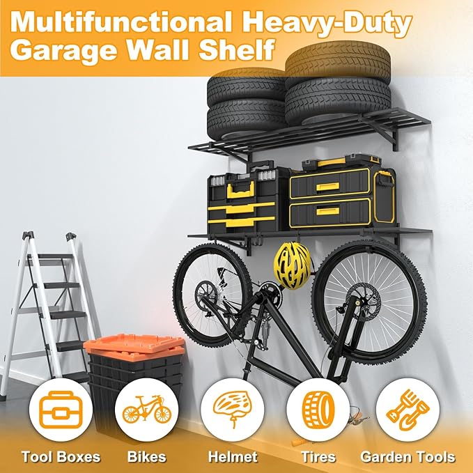 2-Pack 1×4ft Steel Wall Mounted Garage Shelves with Hooks, 300LB Each Heavy Duty Shelving for Garage Storage & Organization
