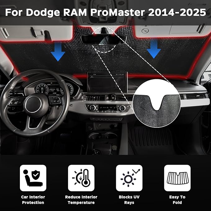 Windshield Sun Shade for 2014-2025 Dodge RAM ProMaster Full Size Cargo Van Chassis Cab Cutaway - 5-Layer Bubble Foldable Front Window Shade Sun Visor Accessories - Blocks Heat & UV Rays