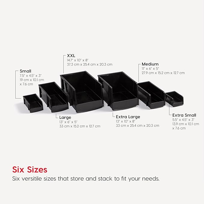 IRIS USA Stackable Bins, 5.5 x 4.5 x 3 inch, Plastic Hanging Open Front Shelf Bin Storage Organizer for Hardware, Craft Supplies, Small Parts, Nuts and Bolts, Garage Organization, 15 Pack- XS, Black
