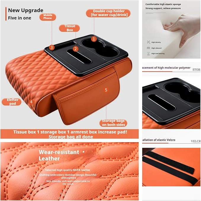 Center Console Cover Organizer, 5-In-1 Arm Rest Cover for Car with Cup Holder & Storage Pocket & Tissue Holder, Armrest Cover Cushion Pad, Water Ripples, Rose-Tinted