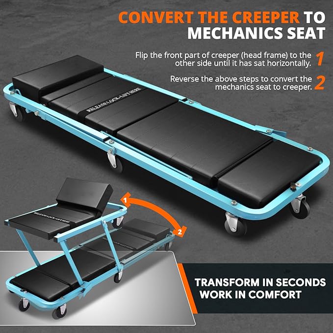 DNA MOTORING 48" 2 IN 1 Folding Rolling Garage Shop Creeper Roller Seat, 7 Pcs 2" Casters, 350 Lbs Weight Capacity, Tiffany Blue, TOOLS-00193-TB