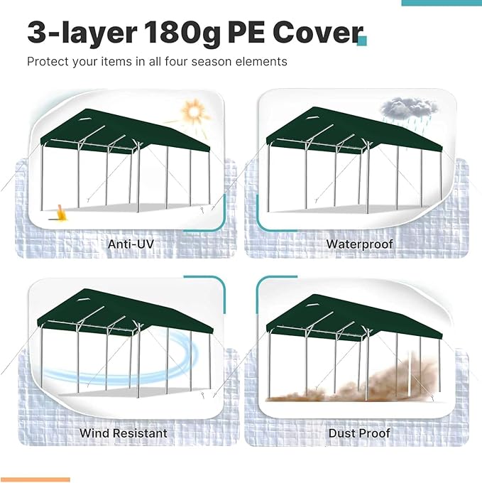 Carport Replacement Canopy Cover for Car Tent Top Garage Shelter Cover Tarp with Ball Bungees (Only Top Cover, Frame Not Include) (Green, 10’ x 20‘)
