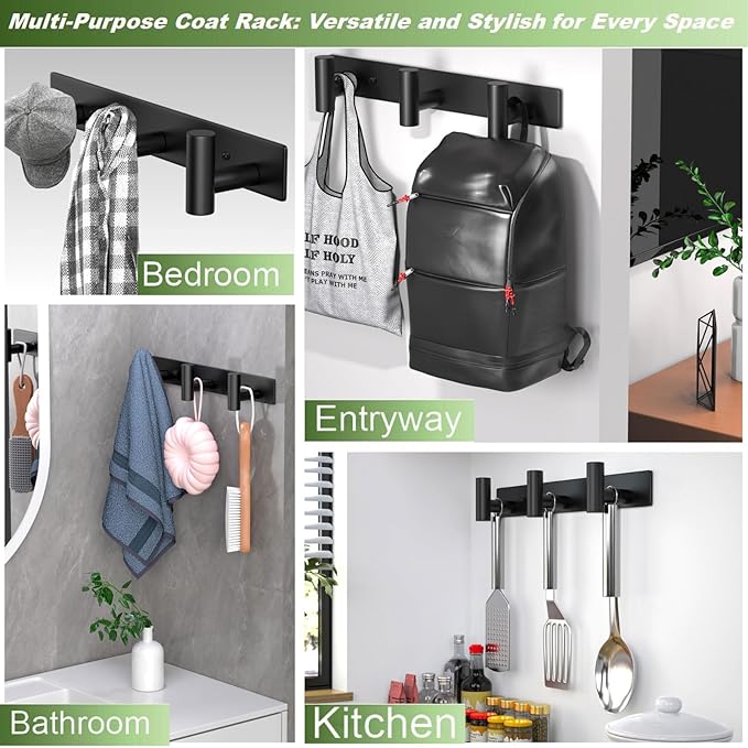 Coat Rack Wall Mounted with 3 Hooks,Heavy Duty Wall Hooks for Hanging Towel Coat Hat Bag, Metal Coat Hooks Hat Rack Coat Hanger Towel Hooks for Entryway Bathroom Kitchen (Black, 2 Packs)