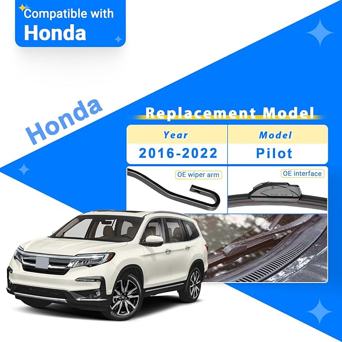 Windshield Wiper Blade Set Replacement for 2016-2022 Honda Pilot and Rear Windshield Wiper Blade-26"/24"/14" (Set of 3) U/J HOOK