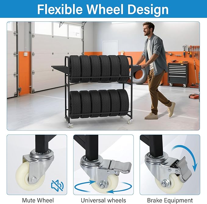 Tire Storage Rack 44" x 44" x 18" w/Anti-dust Cover, Rolling Tire Rack Adjustable, Tire Rack for Garage Black w/4 Swivel Casters & 2 Storage Shelf for Garage Storage