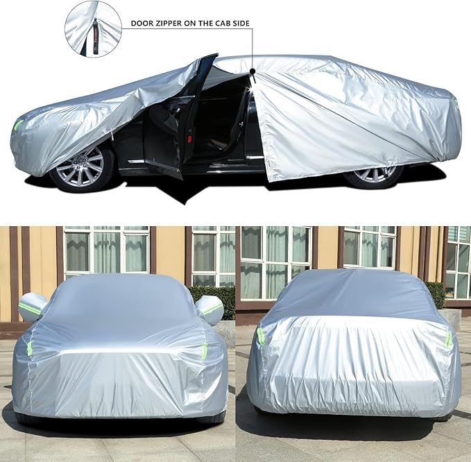 Tecoom Hard Shell Oxford Material Door Shape Zipper Design Waterproof UV-Proof Windproof Car Cover for All Weather Indoor Outdoor Fit 201-210 Inches Sedan