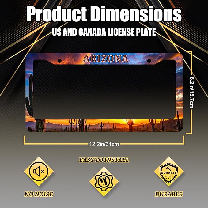 Arizona State Flag License Plate Frame Sunset Desert Cactus License Plate Holder Stainless Steel Funny Design with 2 Holes and Screws 12.3" x 6.3"