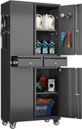 71" Metal Garage Storage Cabinet with 8 Hooks and Pegboards,2 Drawer Rolling Tool Storage with Locking Doors and Adjustable Shelves,Heavy Duty Steel Tool Cabinet for Garage, Warehouse