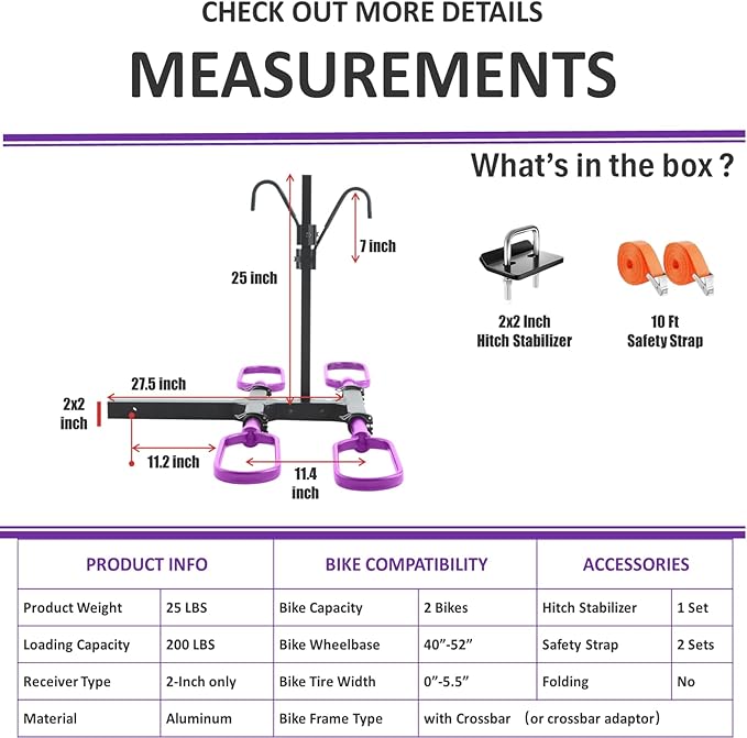 Ebike Rack for Tow Hitch, Ebike Carrier Hitch Mount 2 Bike, Electric Bike Rack for Car Hitch with 2-Inch Receiver (2 Bike - 200 Lbs Cap - Purple)