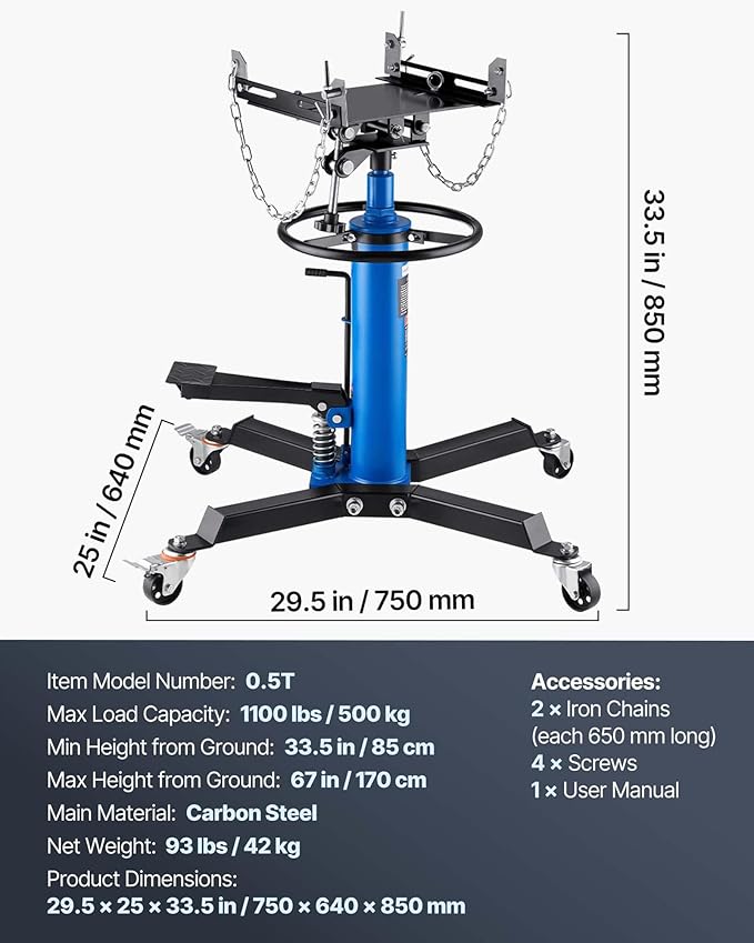 VEVOR Transmission Jack, 33"-67" High Lift, 1100 lbs Hydraulic Telescoping Transmission Jack, 2-Stage Transmission Stand 1/2 Ton Capacity with Foot Pedal, 360° Swivel Wheel, Garage/Shop Lift Hoist