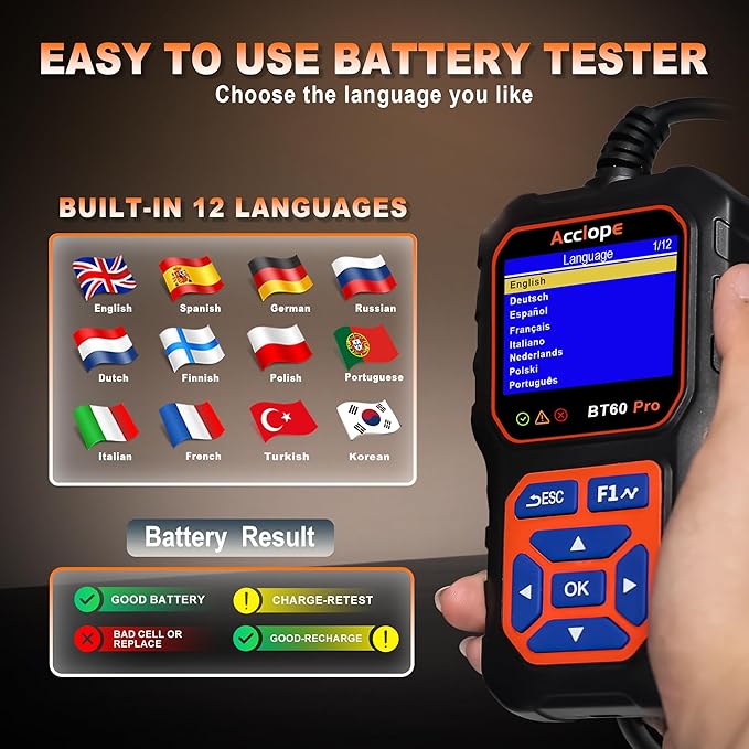 BT60 Pro Acclope Car Battery Tester with Cloud Printing 100-3000 CCA 6V 12V 24V AGM Lithium Gel Battery Checker Automotive Alternator Digital Analyzer Charging Cranking System Vehicles Truck Home-use