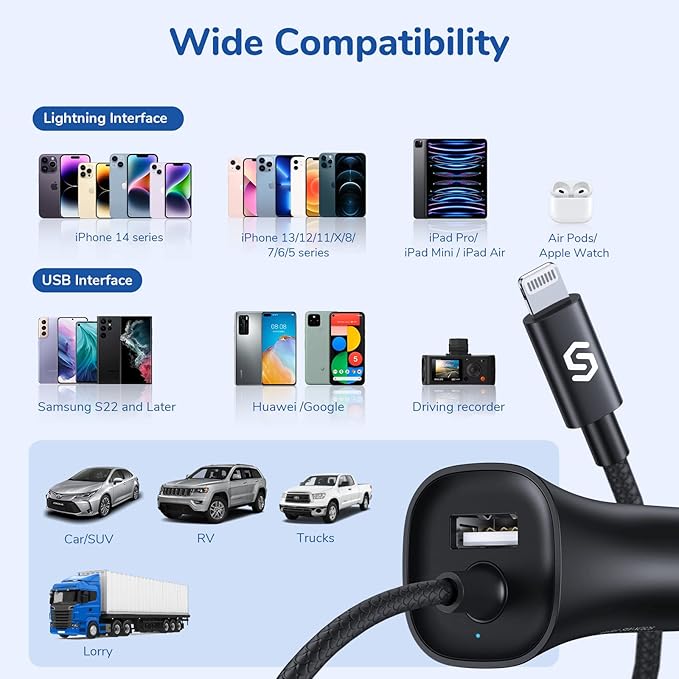 [Apple MFi Certified] Syncwire iPhone Car Charger 32W Super Fast Car Phone Charger Cigarette Lighter USB Car Adapter with Build-in 5FT Coiled Lightning Cable for Apple iPhone 14/13/12/11/XR/Max, iPad