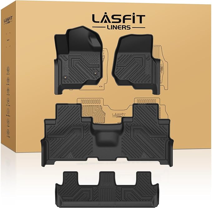 LASFIT Floor Mats for Ford Expedition | Expedition Max 8 Seater 2018-2024(Not Fit 7 Seats), All Weather TPE Protector Custom Fit for SUV Car Liners, 1st& 2nd& 3rd Row, Black 4pcs