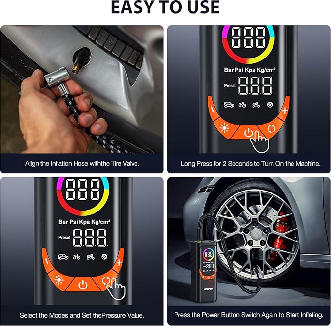 NEXPOW NP17 Portable Air Compressor, 150 PSI Digital Tire Inflator, Fast Inflation with Auto Shut-Off, LED Light, Multiple Nozzles for Car, Bike, and Ball, Compact Design, Orange